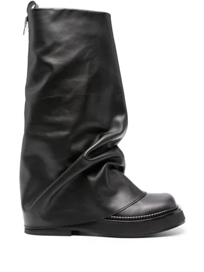 Attico Robin Layered Leather Knee Boots In Black