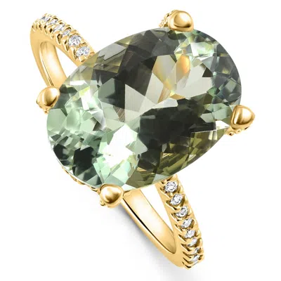 Pompeii3 5 3/4ct Oval Green Amethyst Diamond Side Halo Ring 14k Yellow Gold Lab Grown In White