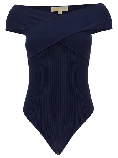 Michael Kors Blue Ribbed Jersey Bodysuit