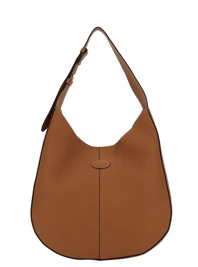 Tod's Brown Hobo Handbag With Tonal Embossed Logo In Grainy Hammered Woman In Beige