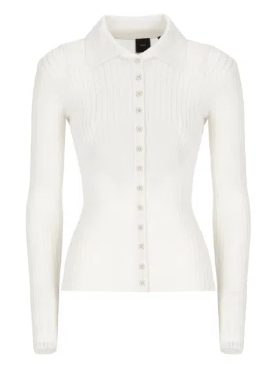 Pinko Ribbed Lurex Sweater With Buttons In Crème/argent