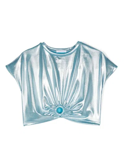 Miss Grant Kids' Ring-embellished Lamé Cropped T-shirt In Blau