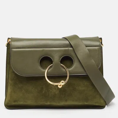Jw Anderson J. W.anderson Dark Suede And Leather Large Pierce Shoulder Bag In Green