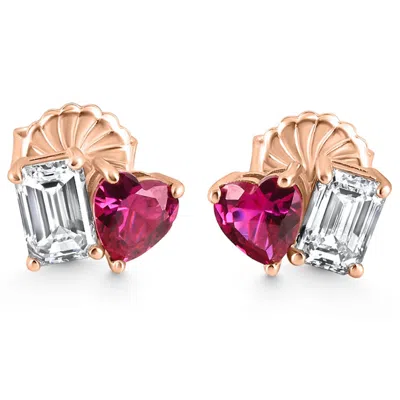 Pompeii3 4ct Toi Et Moi Emerald Diamond & Ruby Heart Studs 14k Gold Lab Grown In Multi