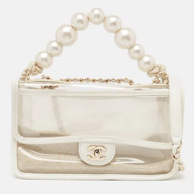 Pre-owned Chanel Pvc And Leather Sand By The Sea Flap With Pearl Strap Bag In White