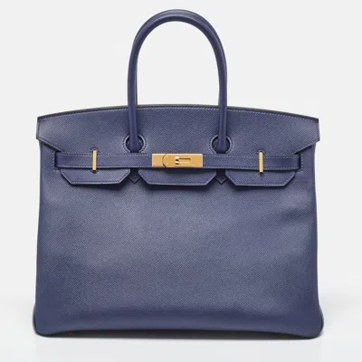 Pre-owned Hermes Saphir Epsom Leather Gold Finish Birkin 35 Bag In Blue