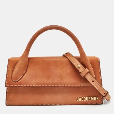 Jacquemus Nubuck Leather Long Le Chiquito Top Handle Bag In Brown