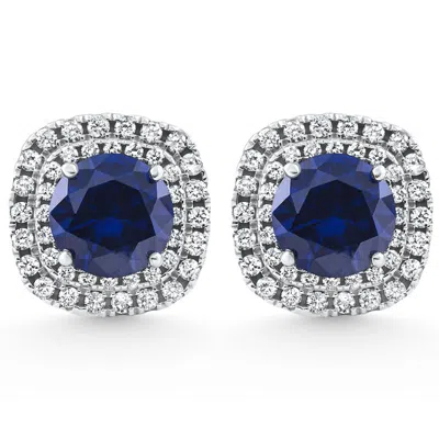 Pompeii3 2.65ct Cushion Halo Blue Sapphire Diamond Studs 14k White Gold Earring Lab Grown In Multi