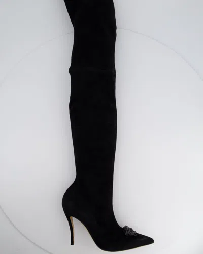 Versace Suede Knee High Boots With Medusa Toe Detail In Black