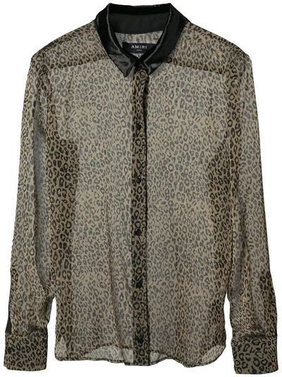 Amiri Brown Silk Sheer Leopard Print Shirt In Animalier