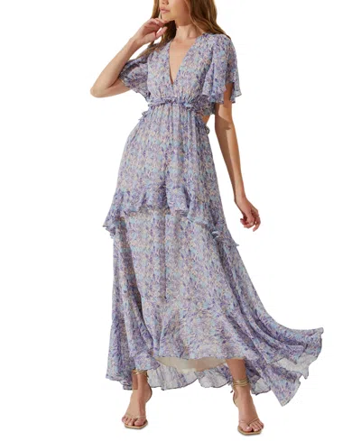 Astr Cherli Ruffled Lace-up Cutout-back Maxi Dress In Purple,blue Floral