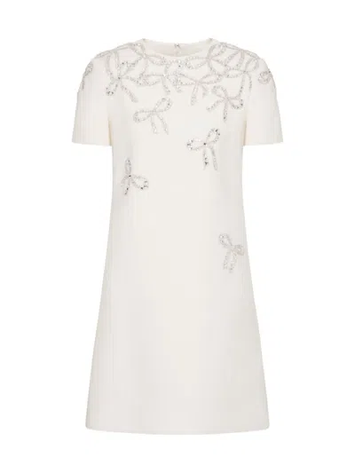 Valentino Crepe Couture Embroidered Minidress In Ivory Silver