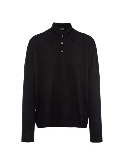 Prada Men's Cashmere Polo Sweater In Black