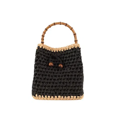 Via Mail Bag Handmade Cotton Crochet And Raffia Bucket Bag In Beige, Black