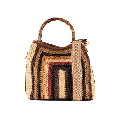 Via Mail Bag Handmade Crochet Raffia Bucket Bag With Leather Details In Beige, Brown, Black