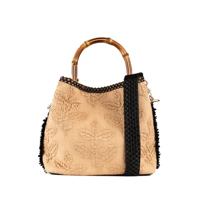 Via Mail Bag Jacquard Raffia Bucket With Fringe And Embroidery Appliqués In Beige, Black