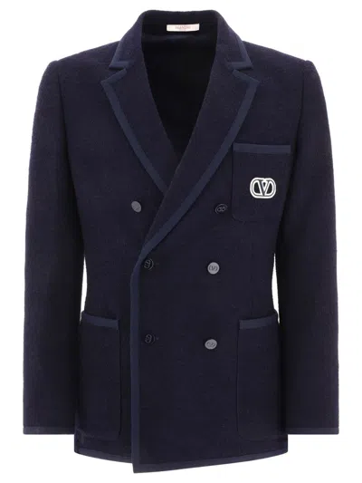 Valentino Bouclé Wool Blazer With Vlogo Signature Embroidery In Blue