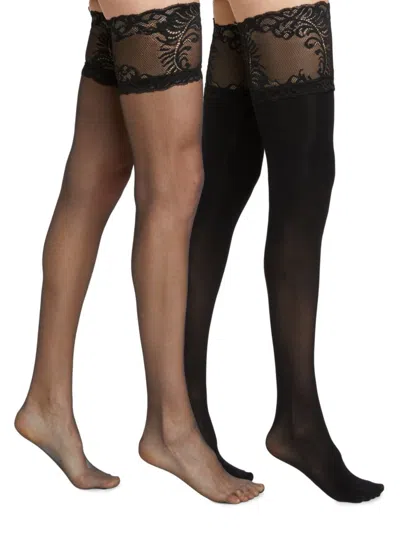 Natori Women's Feathers Opaque & Silky Sheer 2-piece Lace Top Thigh High Set In Black