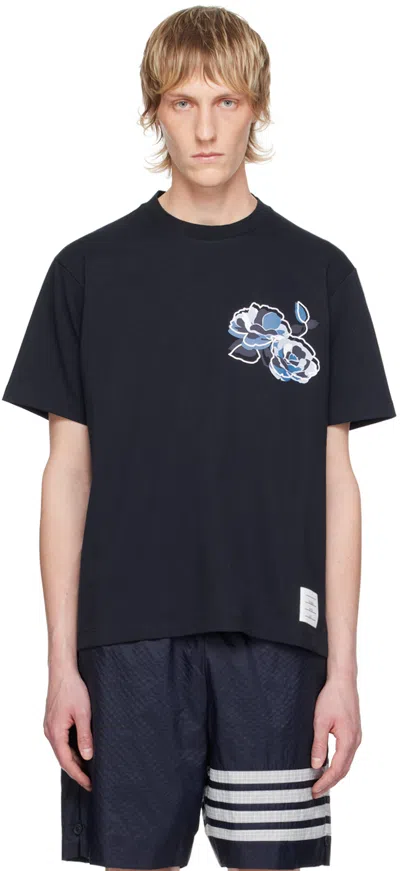 Thom Browne Rose-print Cotton T-shirt In Blue