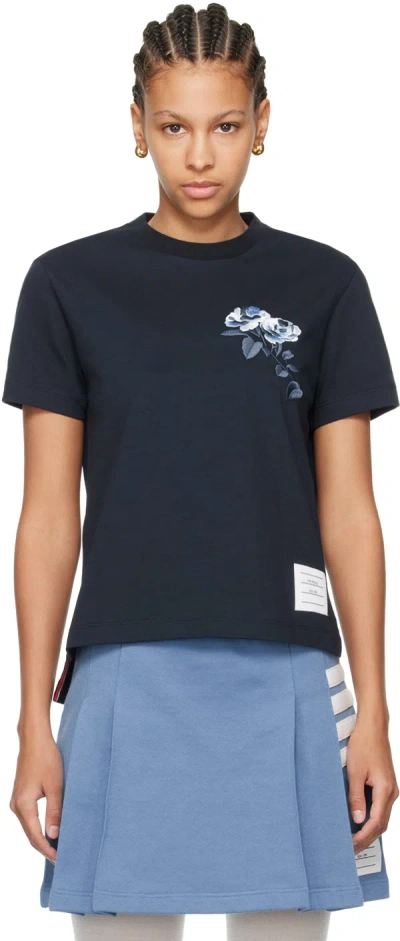 Thom Browne Rose-embroidered Cotton T-shirt In Blue