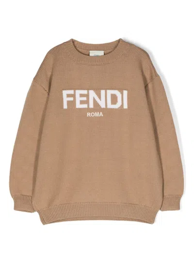 Fendi Kids' Logo-intarsia Wool Jumper In Brown