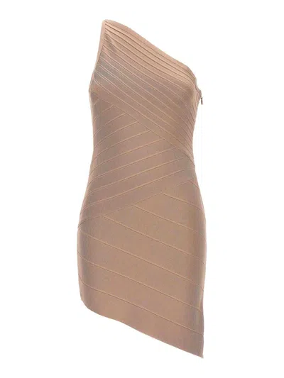 Herve Leger Asymmetric One Shoulder Mini Dress In Nude & Neutrals