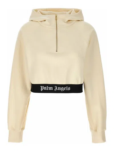 Palm Angels Logo-tape Cropped Hoodie In Neutrals