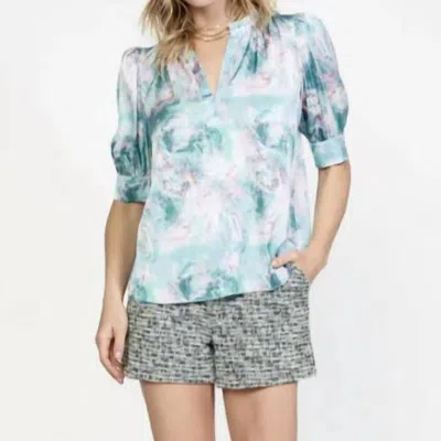 Current Air Abstract Printed Shirt Sleeve Ruffled Split Neck Blouse In Ocean Mulit In Blue