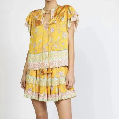 Current Air Border Printed Elastic Waisted Tiered Mini Skirt W/ String In Yellow Multi