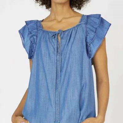 Current Air Flutter Short Sleeve Cut Out Back In Chambray In Blue
