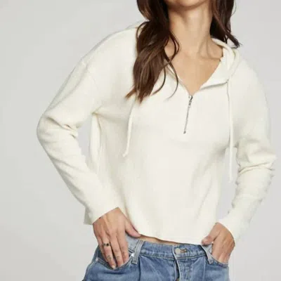 Chaser Ls Semi Cropped Zip Front Hoodie In Cream In White