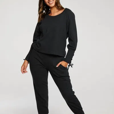 Chaser Cashmere Fleece Lace Up Blouson Sleeve Raglan Pullover In True Black