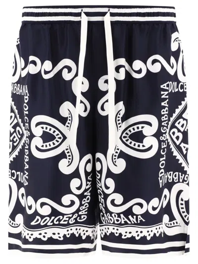 Dolce & Gabbana Silk Shorts With Marina Print In Blue
