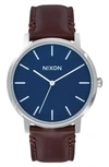 Nixon Porter Round Leather Strap Watch, 40mm In Brown/ Navy/ Silver