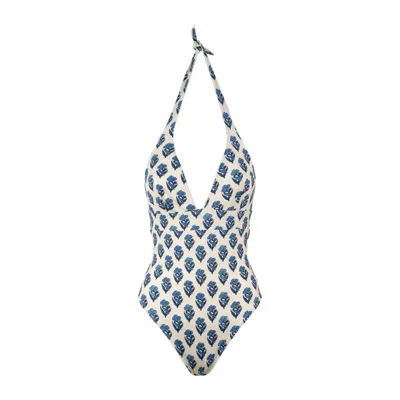 Saint Barth Marylin One-piece Swimsuit With Jaipur Flower Print In White, Blue