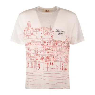 Saint Barth White Linen T-shirt With Placed Ibiza Print And Embroidered Breast Pocket
