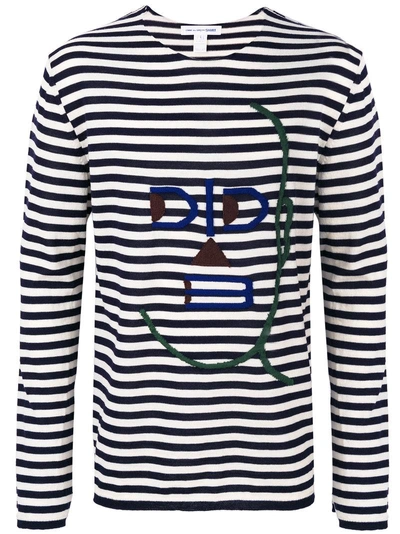 Comme Des Garçons Shirt Embroidered Striped Wool Knit Sweater In Bianco-blu