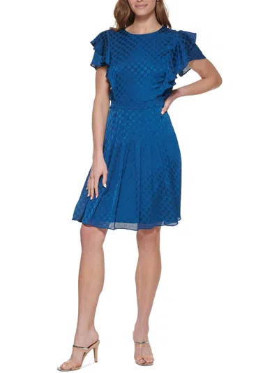 Dkny Womens Polka Dot Polyester Fit & Flare Dress In Blue