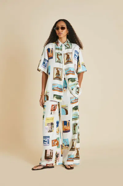 Olivia Von Halle Alabama Cadmus Ivory Postcard Pyjamas In Silk Twill In Multi