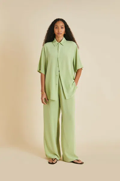 Olivia Von Halle Alabama Green Pyjamas In Silk Crêpe De Chine