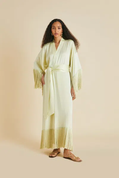Olivia Von Halle Amina Pale Yellow Fringed Robe In Sandwashed Silk In Multi