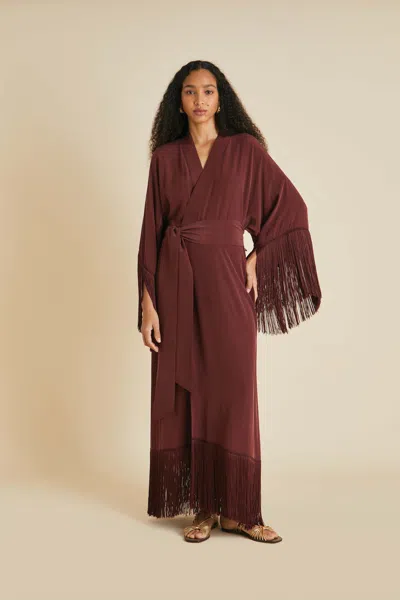 Olivia Von Halle Amina Burgundy Fringed Dressing Gown In Silk Crêpe De Chine In Multi