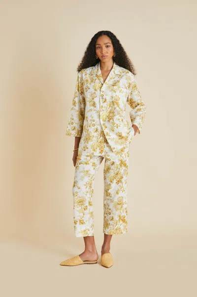 Olivia Von Halle Casablanca Aegeus Yellow Floral Pyjamas In Cotton-silk In Multi