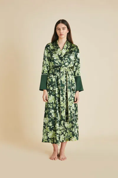 Olivia Von Halle Capability Ares Green Floral Robe In Silk Satin
