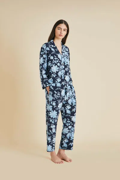 Olivia Von Halle Casablanca Alcides Blue Floral Pyjamas In Silk Crêpe De Chine In White