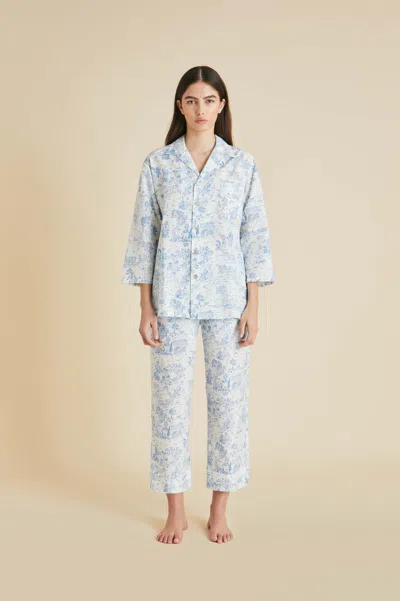 Olivia Von Halle Casablanca Eros Ivory Toile De Jouy Pyjamas In Cotton-silk In Blue