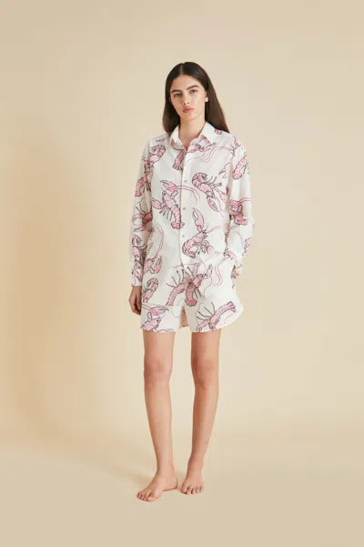 Olivia Von Halle Kick Prometheus Pink Lobster Pyjamas In Cotton-silk In White