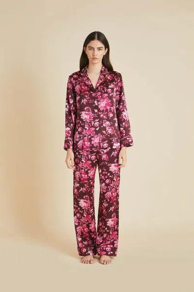 Olivia Von Halle Lila Aphrodite Burgundy Floral Pyjamas In Silk Satin In Multi