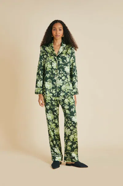 Olivia Von Halle Lila Ares Green Floral Pyjamas In Silk Satin In Multi