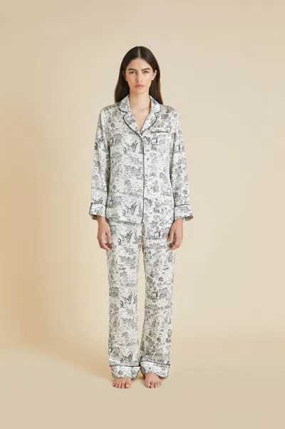 Olivia Von Halle Lila Dioscuri Ivory Toile De Jouy Pyjamas In Silk Satin In Multi